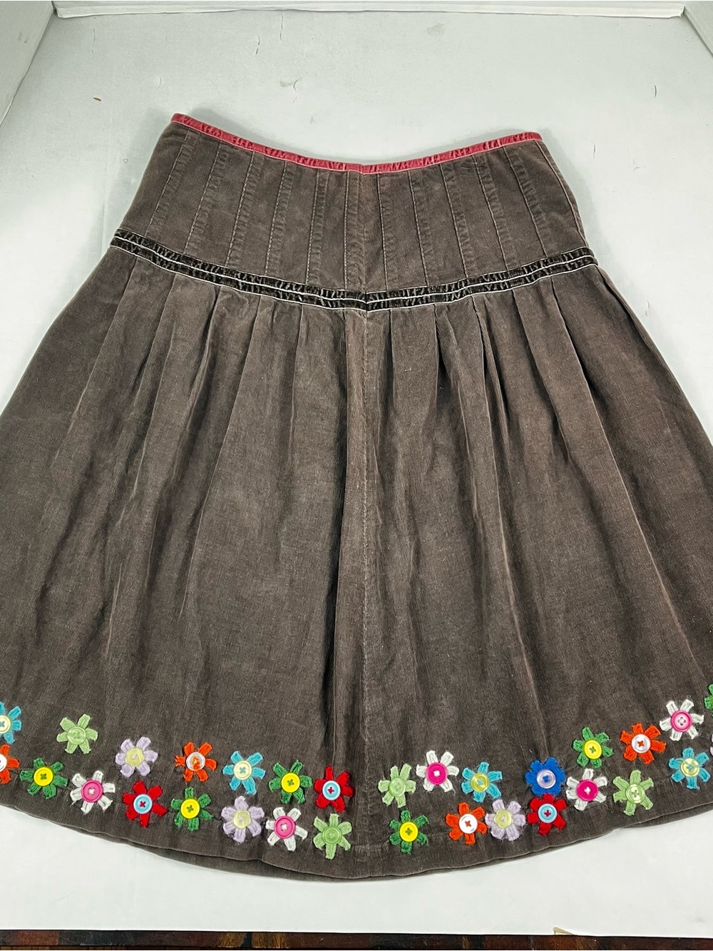 Boden Brown Corduroy A-Line Lined Skirt with Colorful Embroidered Floral Trim